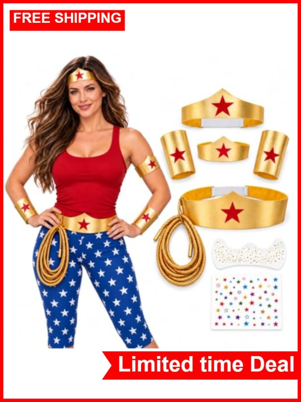 8PCS Halloween Hero Costume Accessories Gold Tiara Cuffs Belt Lasso Tattoos